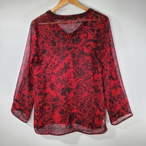 Chico's Embellished 100% Silk Baka Tunic Blouse Red Black Size 0 / Small - Picture 5 of 10